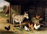 Edgar Hunt Wall Art - Donkey, Hens and Chickens in a Barn